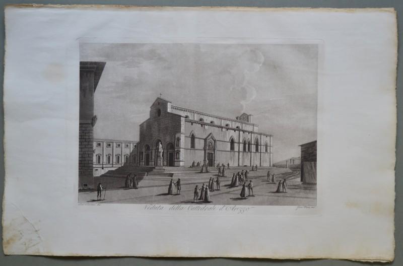AREZZO. Veduta della Cattedrale d'Arezzo. Il duomo e la sua piazza con molti personaggi. Acquatinta incisa da Giuseppe Pera