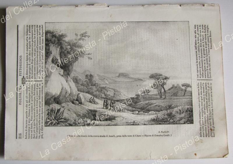 AMALFI, nuova strada vista dalla torre di Citara. Poliorama Pittoresco 1840. Fascicolo intero