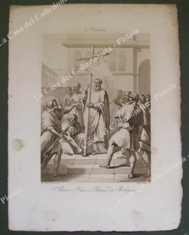 S.PETRONIO VESCOVO, Patrono di Bologna. Acquatinta in color seppia, incisa da Cleter, circa 1840