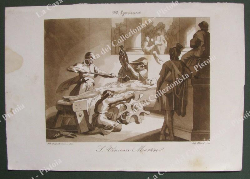 S.VINCENZO DI SARAGOZZA MARTIRE. Protettore di Vicenza. Acquatinta in color seppia, incisa da Wenzel circa 1840