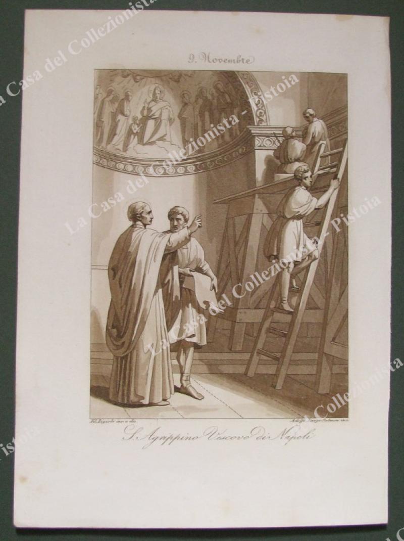 S.AGRIPPINO, Vescovo di Napoli. Acquatinta in color seppia, incisa da Salmon, circa 1840