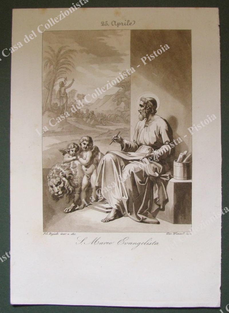 SAN MARCO EVANGELISTA, Patrono di Venezia, Pordenone e Latina. Acquatinta in color seppia, incisa da Wenzel, circa 1840