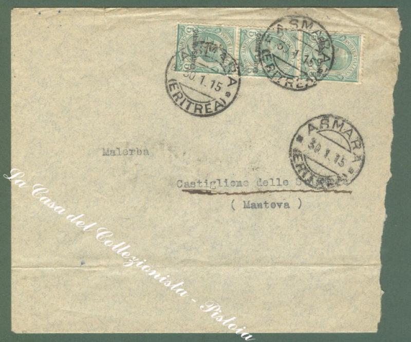 Storia postale. COLONIE ITALIANE, ERITREA. Lettera del 30.1.1915 da Asmara. Striscia di tre del cent. 5 verde..