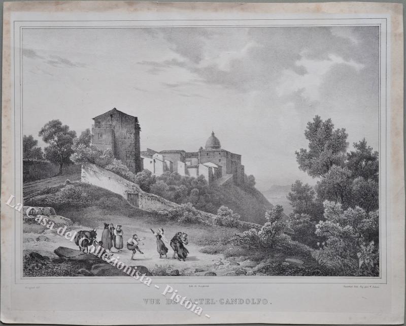 LAZIO. Vue de Castel – Gandolfo. Coignet dis., Jacottet lit., circa 1828. Bella veduta del paese, contadini che ballano in primo piano. Rara.