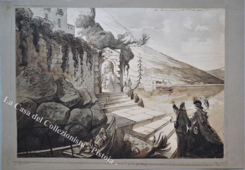 PIEMONTE – LAGO MAGGIORE. Un disegno originale. “Iles Borromèes entre de l’Isola Madre”. YRIARTE CHARLES, circa 1860. Disegno originale a china in grigio e seppia.