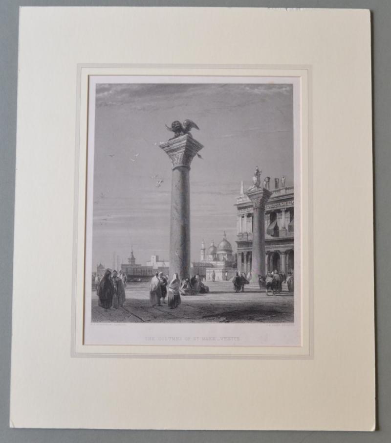 VENEZIA. "THE COLUMNS OF St MARK VENICE". Finissima incisione di J. B. Allen. Londra, circa 1850.