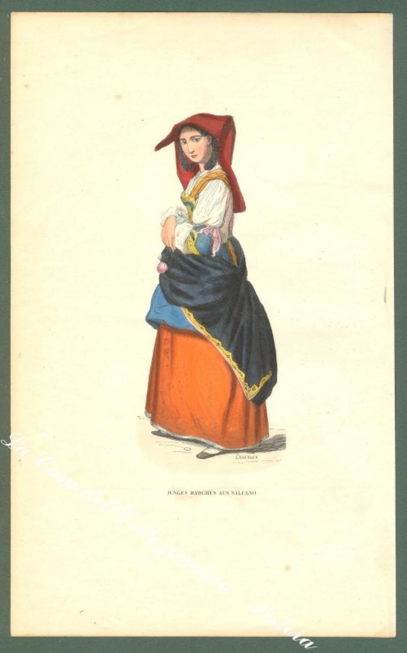 CAMPANIA – SALERNO, un costume. "Junges madchen aus Salerno”. Xilografia...