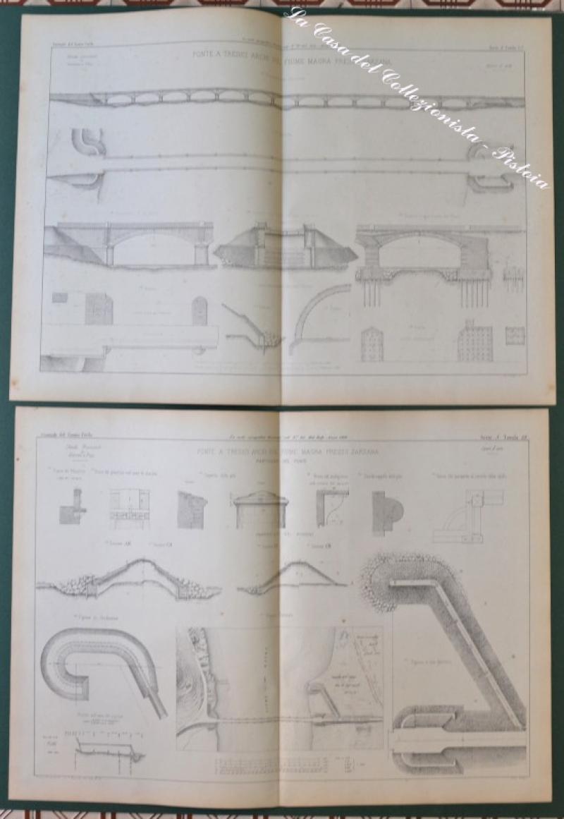 LIGURIA. "ponte a tredici archi sul ponte magra presso Sarzana". 2 grandi tavole
