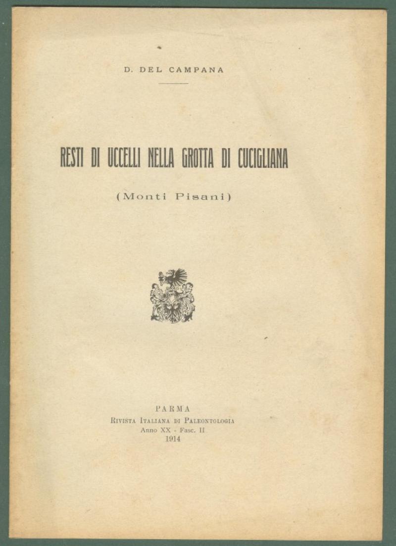 Paleontologia - Toscana. DEL CAMPANA D.."Restio di uccelli nella Grotta di Cucigliana (Monti Pisani). Anno 1914