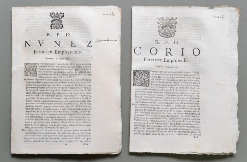 Emilia Romagna, FERRARA, SETTEPOLESTINI. SACRA ROTA. Due placchette a carattere legale del 1729.