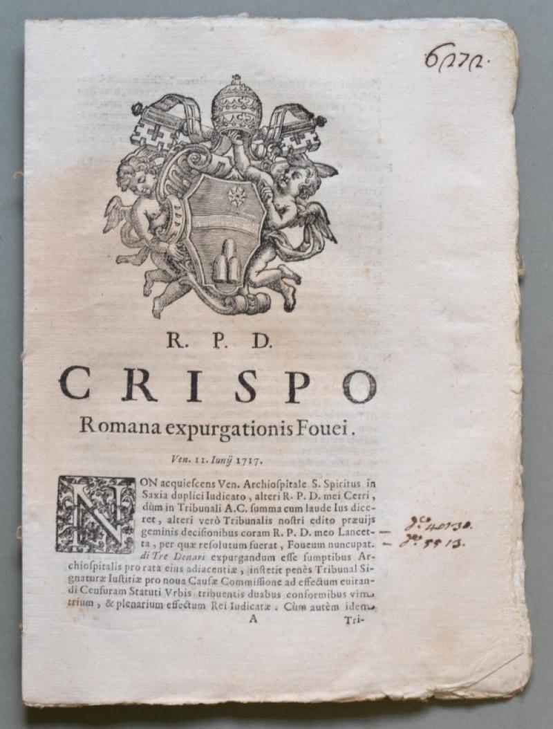 Lazio, DINTORNI DI ROMA. SACRA ROTA. Placchetta a carattere legale del 1717.