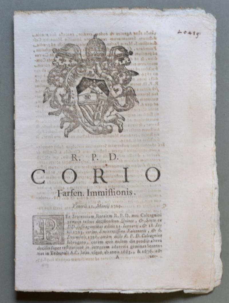 Lazio, RIETI, FARFA. SACRA ROTA. Placchetta a carattere legale del 1729.