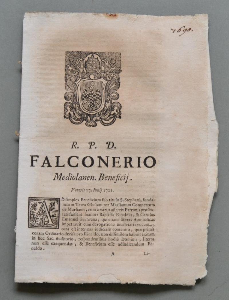 Lombardia, MILANO, GLUSIANO. SACRA ROTA. Placchetta a carattere legale del 1721