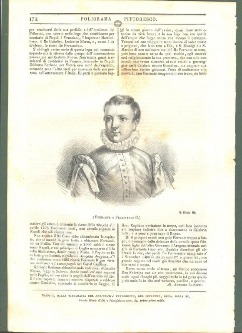 FERRANTE O FERDINANDO II ventunesimo re di Napoli. Fascicolo intero del Poliorama Pittoresco.
