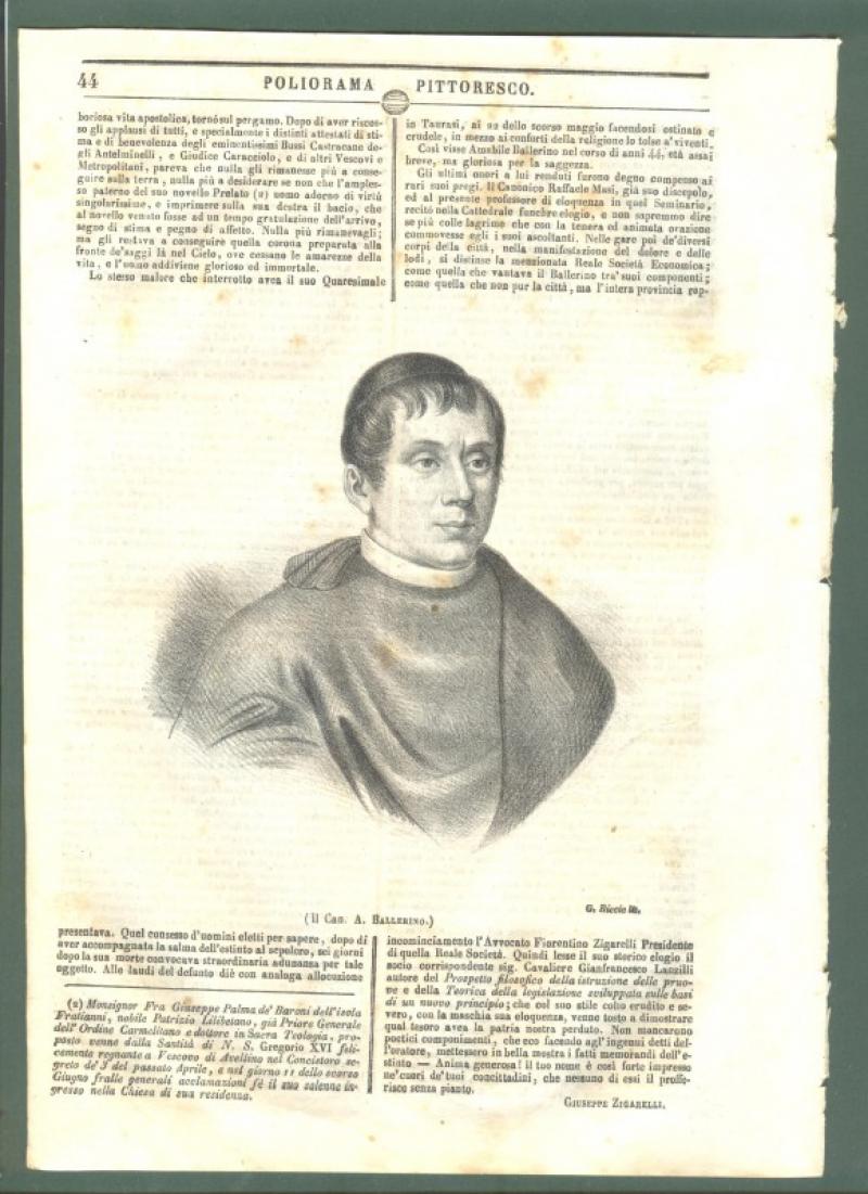 CAN. AMABILE BALLERINO di Avellino. Intero fascicolo del Poliorama Pittoresco del 9 Settembre 1843.