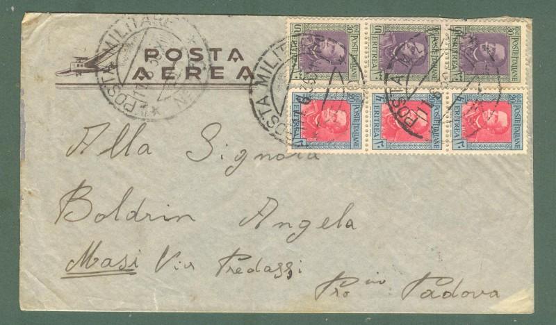Storia postale colonie. ERITREA. Striscia di tre cent.20 + striscia di tre cent. 30