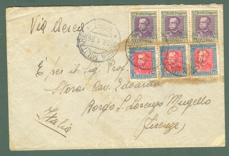 Storia postale colonie. ERITREA. Striscia di 3 cent.20 + striscia di 3 cent.30 su aerogramma