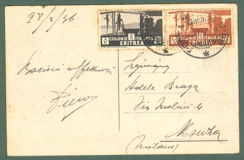 Storia postale colonie. ERITREA. Centesimi 5 nero + centesimi 15 bruno arancio su cartolina.