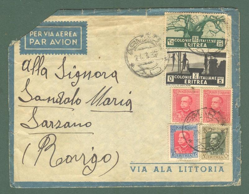 Storia postale colonie. ERITREA. Aerogramma del 21.3.1937 da Asmara