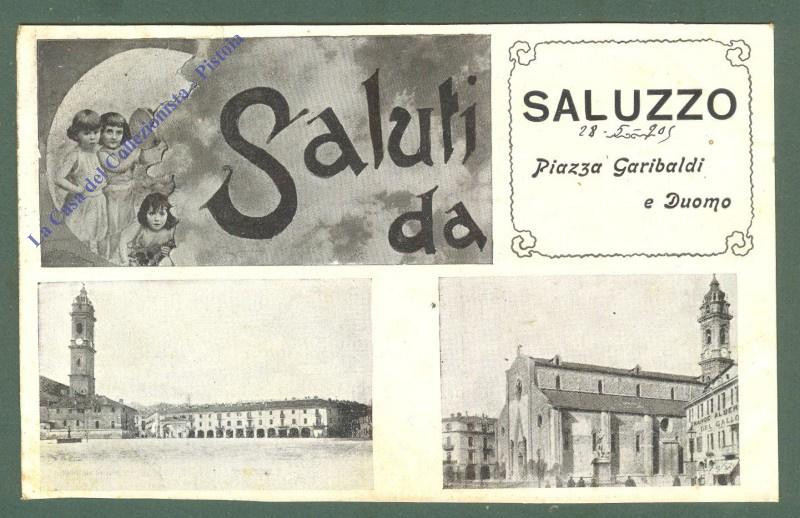 Piemonte. SALUZZO, Cuneo. Saluti da. Cartolina d'epoca viaggiata