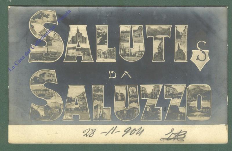 Piemonte. SALUZZO, Cuneo. Saluti da. Cartolina d'epoca viaggiata