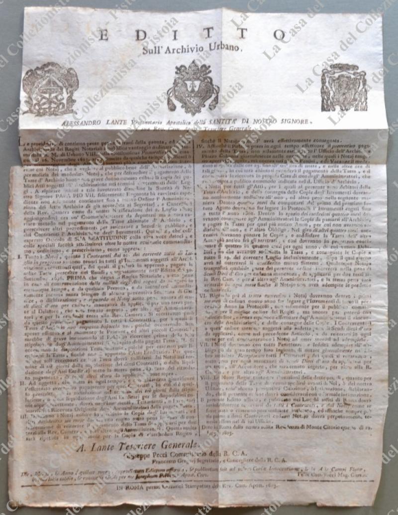 (Stato Pontificio – Notariato) EDITTO sull’Archivio Urbano. Bando dato in Roma nel 1803.