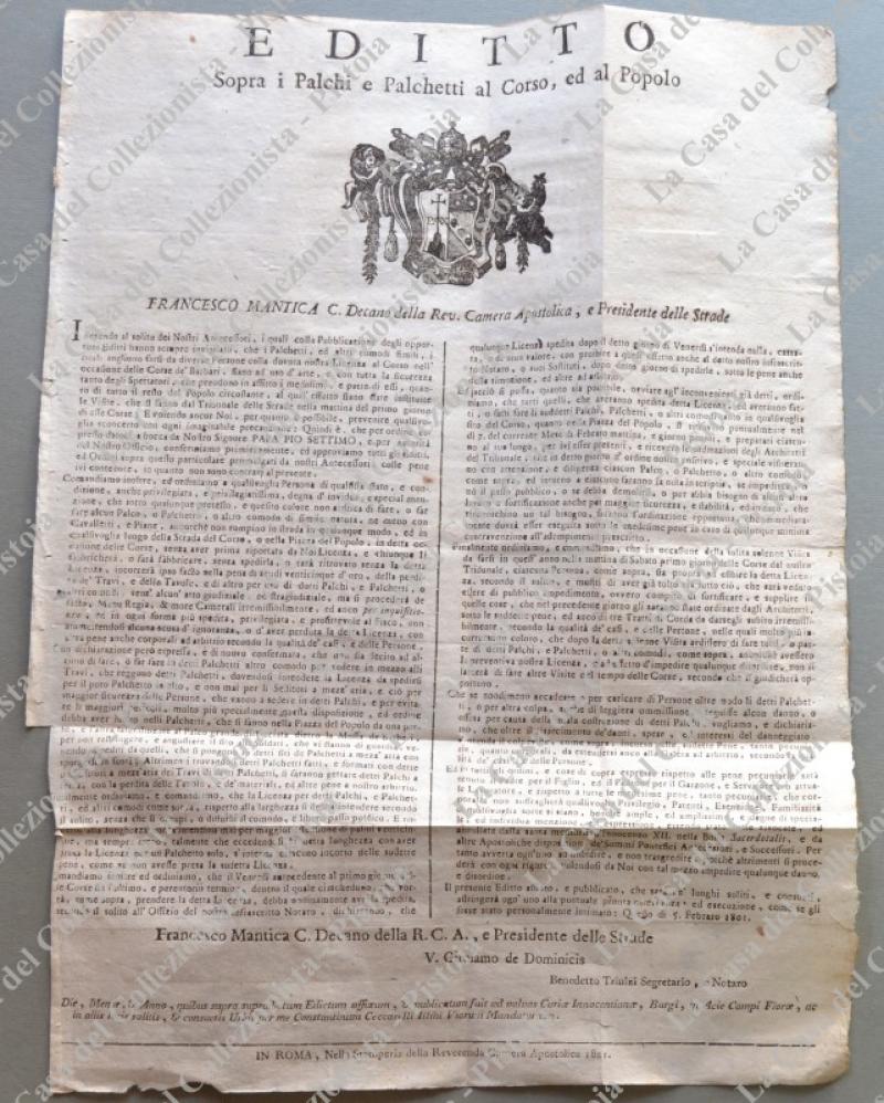 (Corse dei cavalli – Stato Pontificio, Roma) EDITTO Sopra i Palchi e Palchetti al Corso, ed al Popolo. Bando dato in Roma nel 1801.