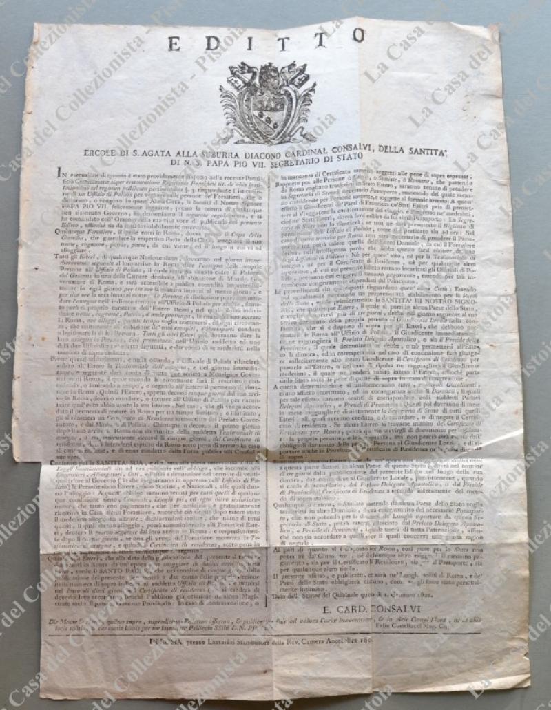 (Stato Pontificio – Pubblica sicurezza) EDITTO dato in Roma nel 1801 riguardante …“l’istituzione di un Ufficio di Polizia per vegliare sulle persone de’ Forastieri ...