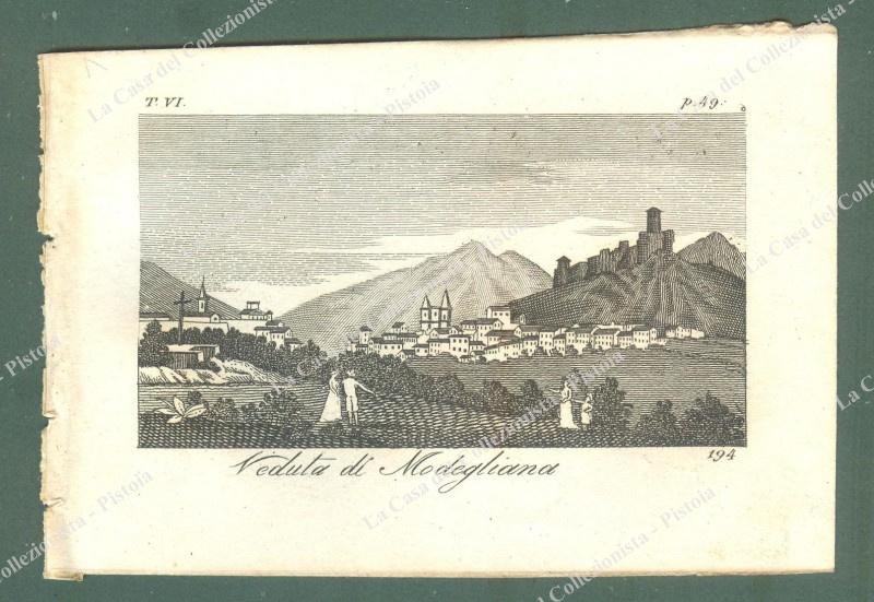 Toscana. MODEGLIANA, Firenze (oggi provincia di Forli'). Veduta generale. Acquaforte incisa da A.Verico, anno1827