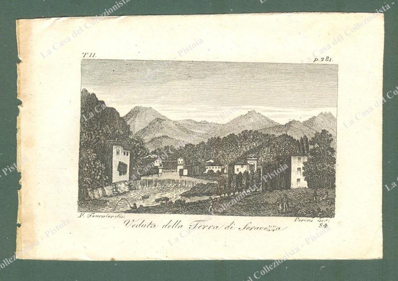 Toscana. TERRA DI SERAVEZZA, Lucca. Veduta. Acquaforte incisa da A. Verico, anno 1827