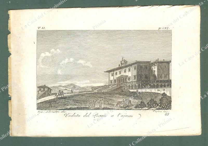 Toscana. POGGIO A CAIANO, Prato. Veduta. Acquaforte incisa da A. Verico, anno 1827.