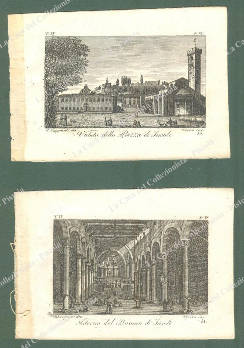Toscana. FIESOLE, Firenze. Veduta della Piazza e del Duomo. Acquaforti incise da A. Verico, anno 1827