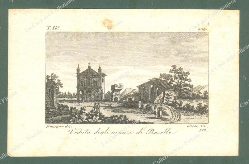 Toscana. ROSELLE, Grosseto. Veduta degli avanzi di Roselle. Acquaforte incisa da A. Verico, anno 1827