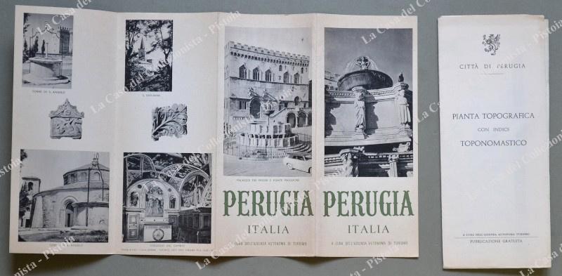 PERUGIA. Opuscolo pubblicitario anni '50 con pianta fotografica e indice toponomastico.