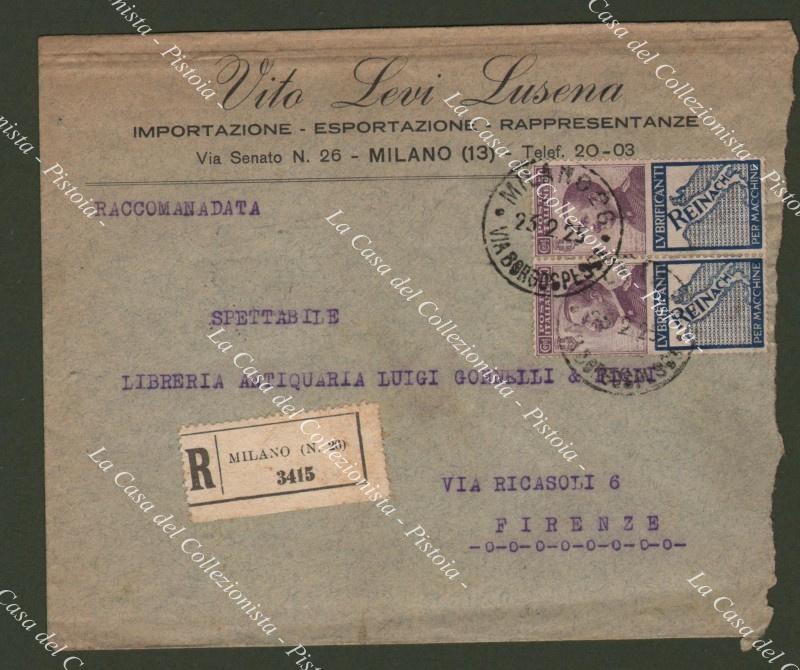 Storia postale Regno. PUBBLICITARI. Lettera raccomandata del 23 febbraio 1925 da Milano a Firenze. Coppia cent.50 violetto REINACH