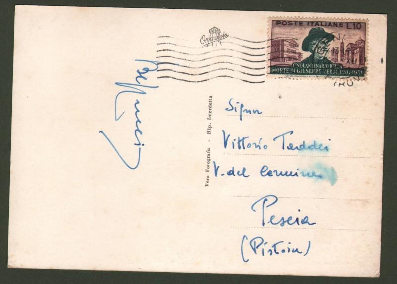 Repubblica. LIRE 10 VERDI isolato su cartolina (solo firma) del 27.12.1951.