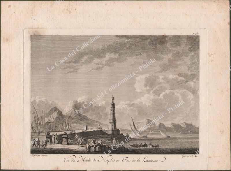 CAMPANIA – NAPOLI. Veduta del molo di Napoli o Foro della Lanterna. Animata da vari personaggi e da barche in mare. Acquaforte tratta da Saint-Non, Parigi 1786.
