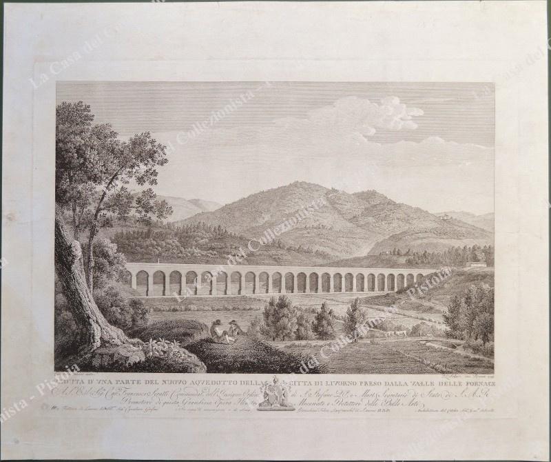 TOSCANA – LIVORNO. “VEDUTA D’UNA PARTE DEL NUOVO ACQUEDOTTO DELLA CITTA DI LIVORNO PRESO DALLA VALLE DELLA FORNACE”. Grande panoramica veduta incisa all’acquaforte da P.L. Scheri nel 1798 in Roma su disegno G.B. Salucci.