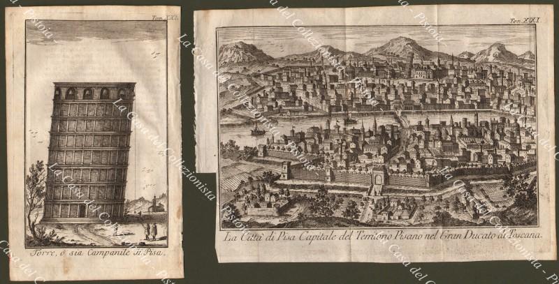 Toscana. PISA. Veduta generale + Veduta della Torre. Due incisioni dall'opera di Salmon, anno 1757