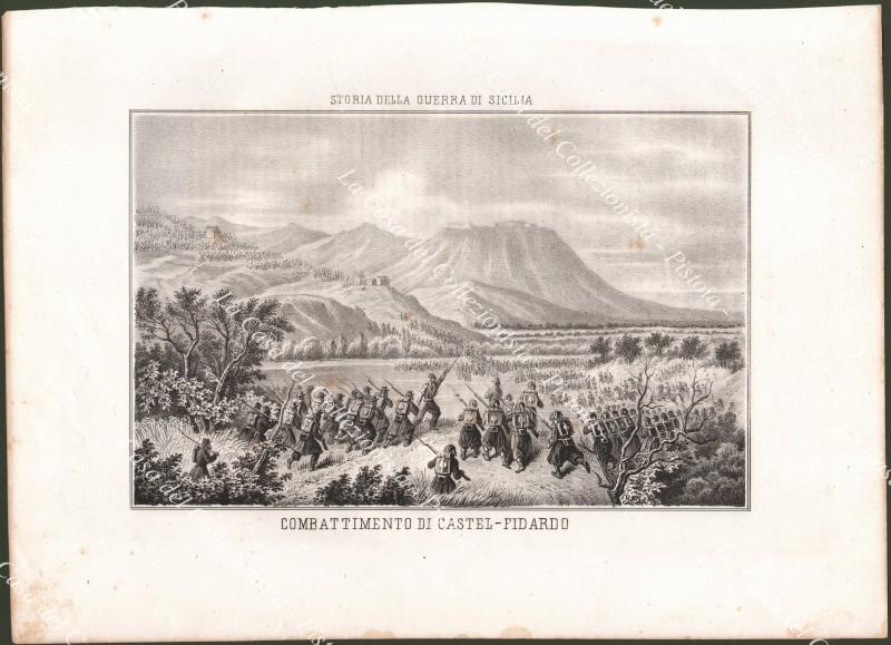 Marche - Ancona. COMBATTIMENTO DI CASTELFIDARDO. Litografia dall'opera di Domenico Valente, anno 1862