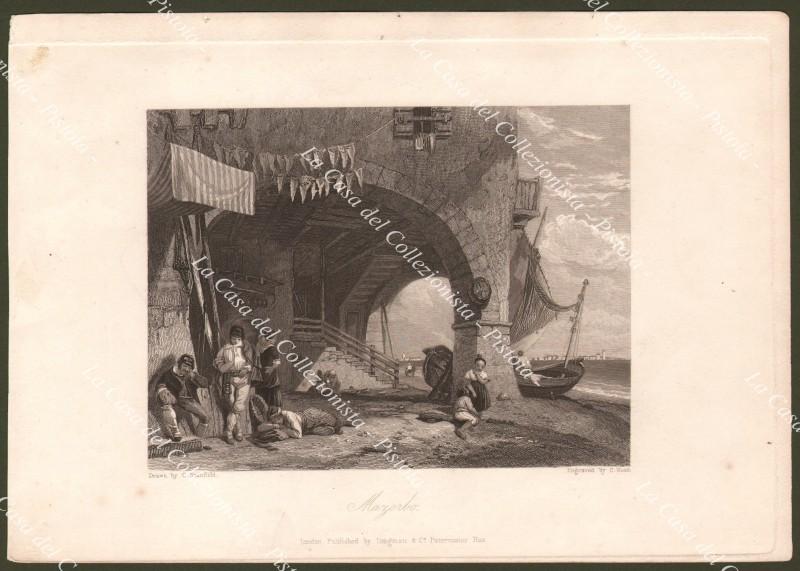 Veneto, Laguna di Venezia. MAZORBO. Veduta pittoresca animata da persone. Incisione su acciaio circa 1840