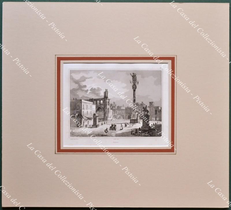 Puglia. LECCE. Veduta della piazza. Incisione su acciaio dall'opera di Audot, circa 1835.