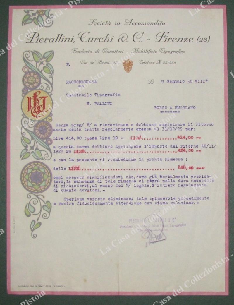 CARATTERI TIPOGRAFICI TURCHI di Firenze. Vecchia fattura 1930