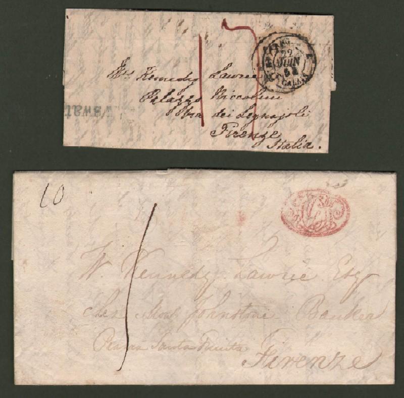 TOSCANA. 2 lettere (1835 e 1857) per Firenze da Sorrento e Londra.