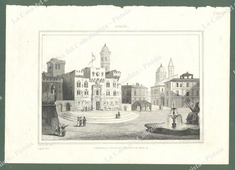 RIMINI. Castello e statua di Paolo II. Incisione tratta da ITALIE PITTORESQUE, anno 1836