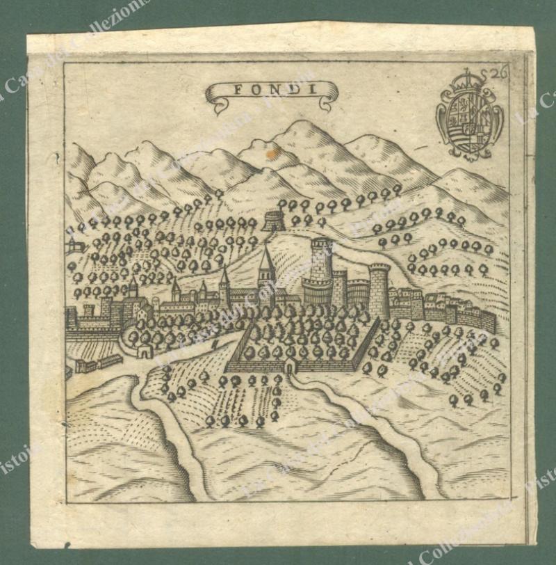 FONDI. 1685. Veduta generale. Incisione all'acquaforte tratta dall'opera di F. Scoto