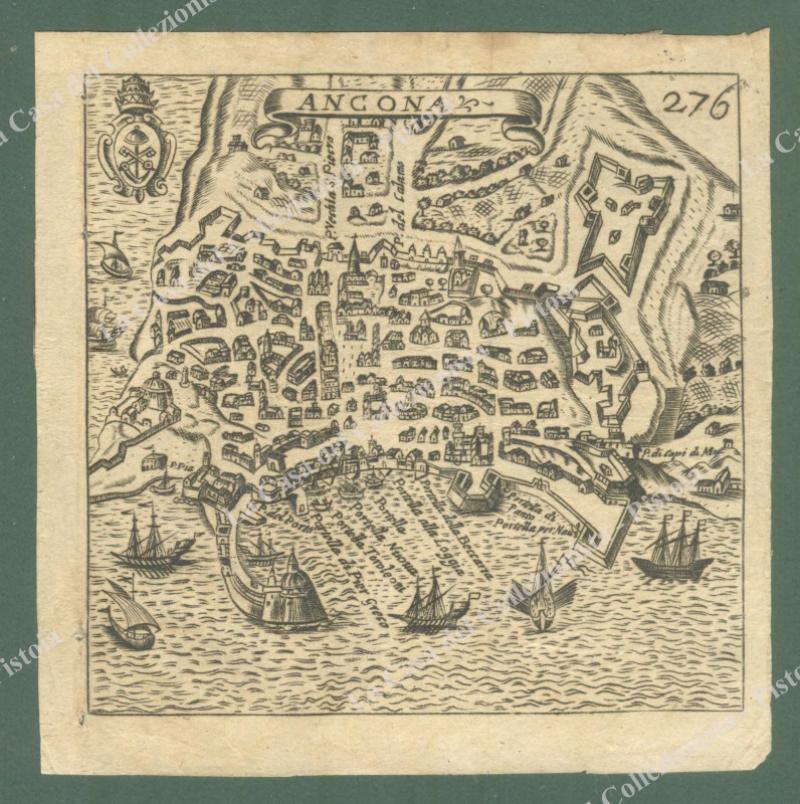 ANCONA. 1685. Veduta a volo d'uccello della città e suo porto. Acquaforte tratta dall'opera di Francesco Scoto