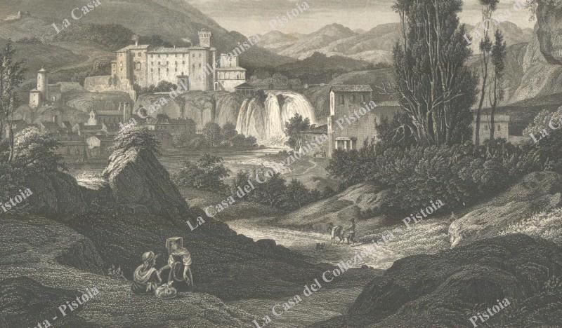 ISOLA DI SORA, Frosinone. "The Liris Fall". Incisione di Eltzner, circa 1850