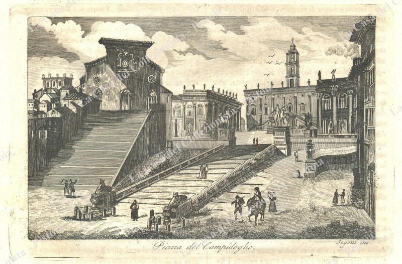 ROMA. "Piazza del Campidoglio". Acquaforte tratta da L'Omnibus Pittoresco anno 1840.