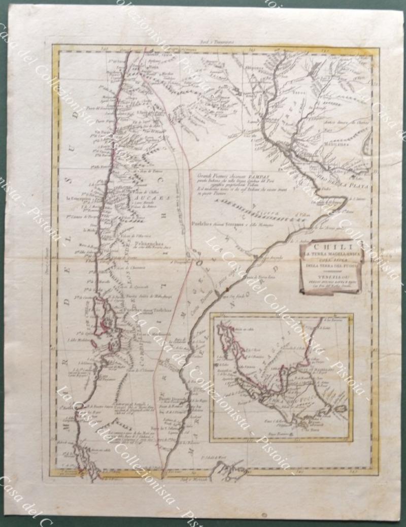 AMERICA MERIDIONALE. Carta geografica originale. "CHILI LA TERRA MAGELLANICA COLL' ISOLA DELLA TERRA DEL FUOCO". Venezia, Antonio Zatta 1785.